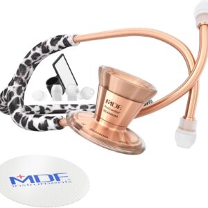 MDF Snow Leopard/Rose Gold ProCardial Lightweight Cardiology Titanium Stethoscope, Adult, Double Head, Free-Parts-for-Life, Snow Leopard Tube, Rose Gold Chestpiece Headset, MDF797TSLRG